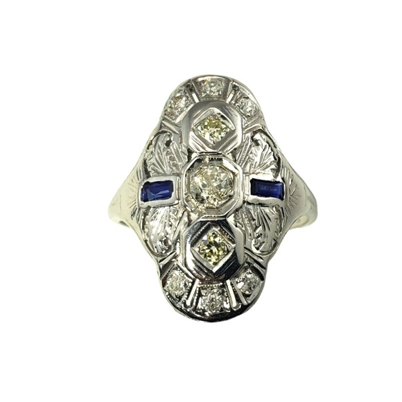Vintage 10 Karat White Gold Diamond Lab Created Sapphire Ring Size 8.5 #13042 - Picture 1 of 7